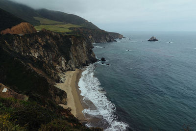 Scenic view of sea and mountains against sky