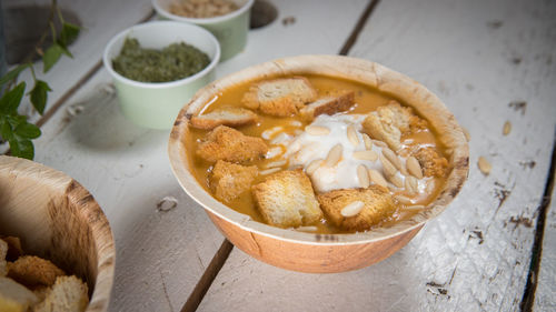 High angle view of food in bowl