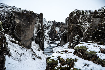 Snow covered rocks against sky