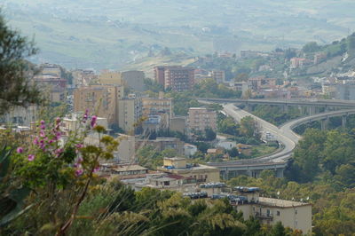 High angle view of buildings in city