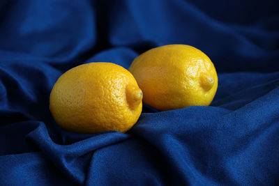 Yellow lemons on a dark blue background close-up, selective focus