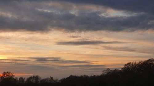 Low angle view of silhouette trees against dramatic sky