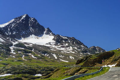 Scenic view of snowcapped mountains against clear blue sky