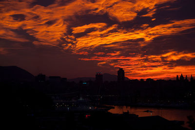 Dramatic sky over city at sunset