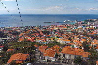 High angle view of townscape by sea against sky