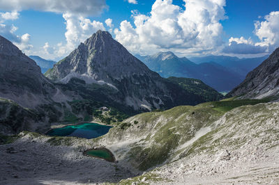 Scenic view of drachensee lake and surrounding mountains against sky