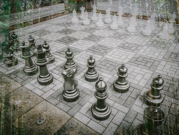 High angle view of chess pieces