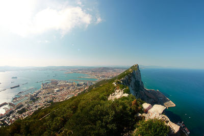 High angle view of sea and cityscape against sky