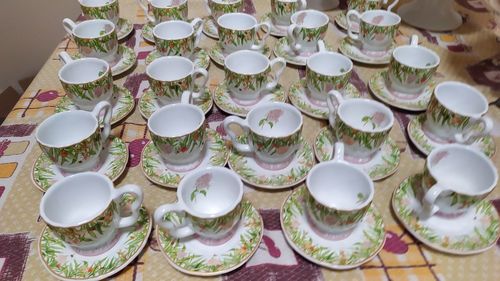 High angle view of tea cups on table