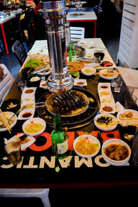 High angle view of food on table in restaurant