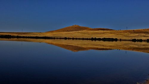 Scenic view of lake against clear blue sky