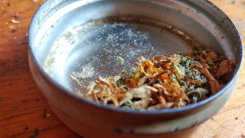 High angle view of noodles in bowl on table