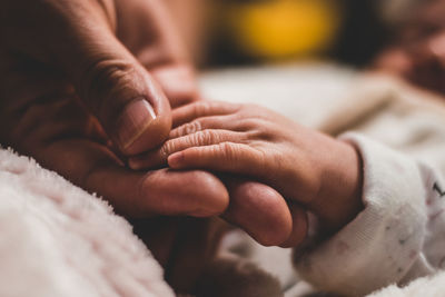 Close-up of mother and baby hands