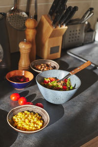 High angle view of fruits in bowl on table