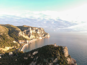 Rock formations in sea against sky