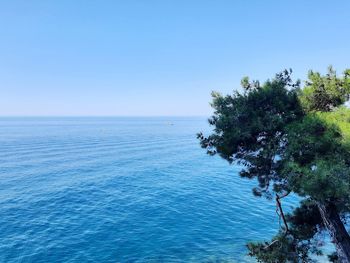 Scenic view of sea against clear blue sky