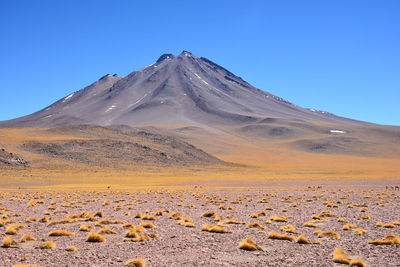 Scenic view of desert against clear blue sky