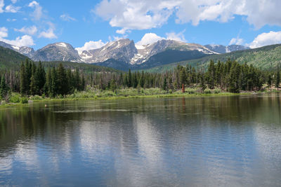 Scenic view of mountains and lake against cloudy sky