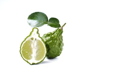 Close-up of green fruit against white background
