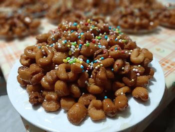 High angle view of dessert in plate on table