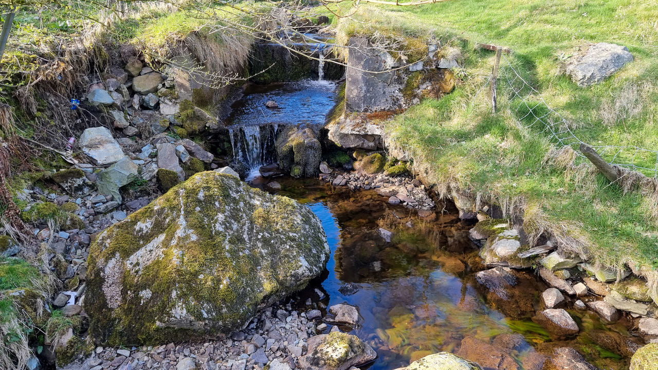 HIGH ANGLE VIEW OF STREAM FLOWING THROUGH ROCKS