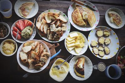 High angle view of food served on table