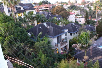 High angle view of houses and buildings in town