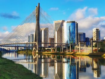 Bridge over river in city against sky