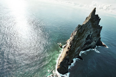 High angle view of rock on beach against sky