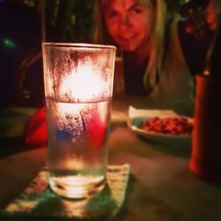 Close-up of beer glass on table at restaurant
