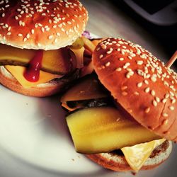 Close-up of burger in plate