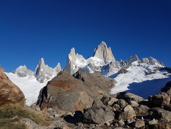 Panoramic view of snowcapped mountains against clear blue sky