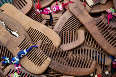 High angle view of shoes on wooden floor