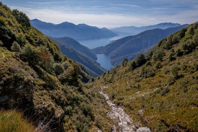 High angle view of valley and mountains against sky