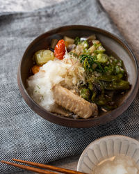 High angle view of food in bowl on table