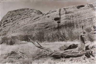 Rock formation on field against sky