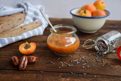 View of dates with apricots and brown bread