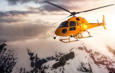 Low angle view of yellow flying against sky during winter