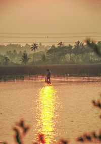 Man working in farm against sky during sunset