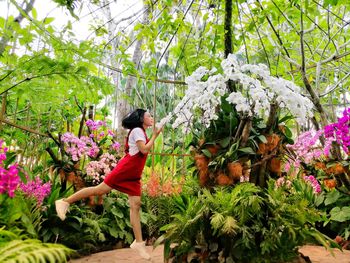 Side view of woman jumping and touching white flower at botanical garden