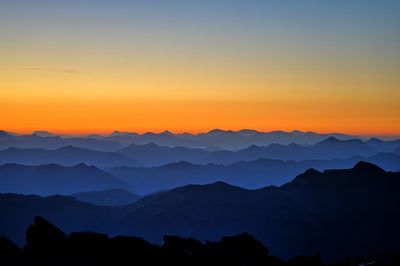 Scenic view of silhouette mountains against sky during sunset