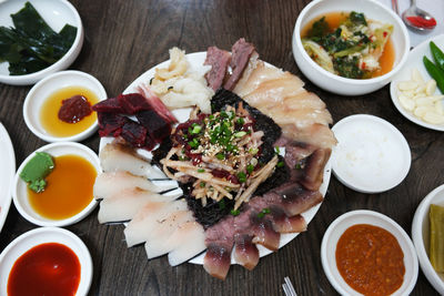 High angle view of meal served on table