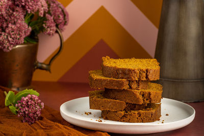 Close-up of cake served on table