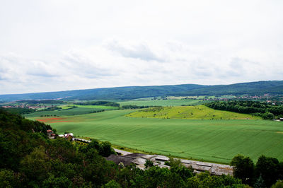 High angle view of agricultural field against sky