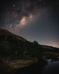 Scenic view of tree against sky at night