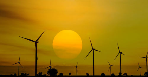 Silhouette of wind turbine against sky during sunset