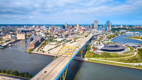 High angle view of city at waterfront