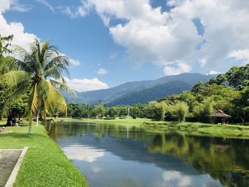 Scenic view of lake by trees against sky