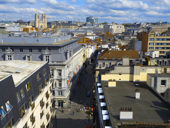 High angle view of buildings against sky