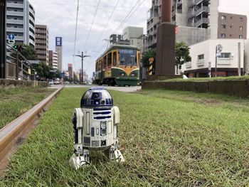 View of railroad tracks in city